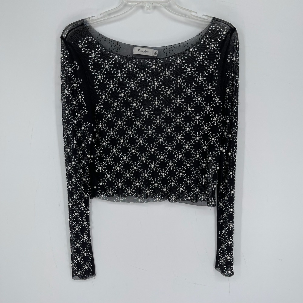 Faded Rose Women's Y2K Style Black Faux Pearl Sheer Mesh Crop Top‎ Size M